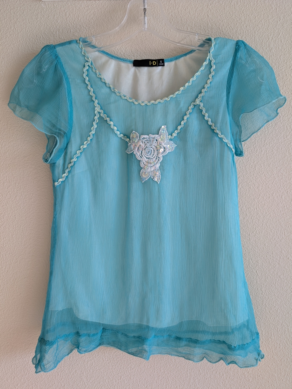 Vintage Y2K Aqua Sheer Chiffon Top w/ Lace & Sequins | Fairycore Coquette
